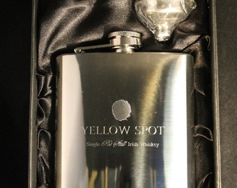 Yellow Spot  6oz Chrome Hip Flask, FREE ENGRAVING, Whiskey Theme Gift