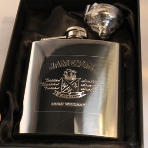 Jamerson Whiskey 6oz Chrome Hip Flask, FREE ENGRAVING, Whiskey Theme Gift