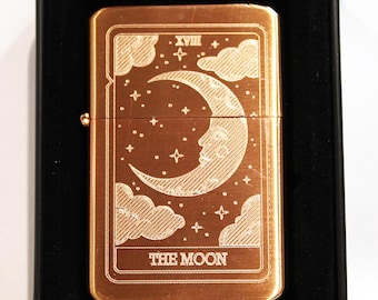 The Moon Tarot Card Custom Engraved Gold Lighter || Personalised Lighter Gift || Brass Flip Lighter Vintage Design || Tarot Gift