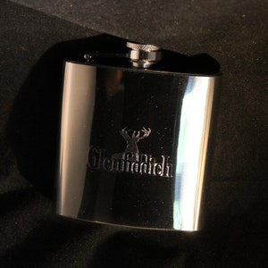 Glenfiddich Whiskey - Premium 6oz Polished Silver Hip Flask, FREE ENGRAVING, Theme Gift