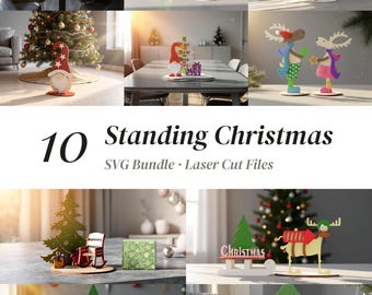 Ensemble de fichiers SVG de décorations de Noël 3D : sapins, rennes, gnomes et Père Noël (fichiers de découpe laser, Glowforge xTool DXF)