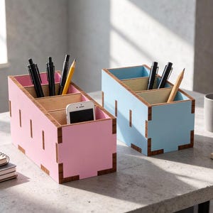 Desk Caddy Organizer SVG, Wood Pen & Phone Holder Laser Cut Files, Sectioned Office Storage DXF