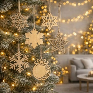 Wooden Snowflake Star Ornament Bundle: Scroll Saw Pattern, Laser Cut Files (SVG, DXF)