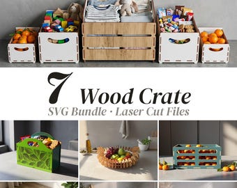 7 Wood Crate SVG Bundle | Glowforge xTool Laser Cut Box Set | Storage Caddy Fruit Basket Organizer DXF