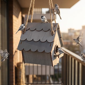 May include: A wooden birdhouse with a scalloped roof is suspended by rope. Several small birds perch on the birdhouse and nearby railing. The birdhouse is light gray and has a circular entrance. The background shows a cityscape.