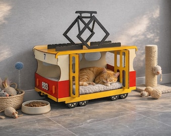 Straßenbahn-Katzenhaus SVG: Einzigartiges Katzenbett aus Holz, lasergeschnittene Datei, Sperrholz-Haustiermöbel, Glowforge xTool DXF