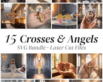 Lot de fichiers SVG Croix de Jésus, 15 fichiers chrétiens découpés au laser, pendentif croix en bois, support d'ange, Jésus de poche, Glowforge xTool, téléchargement numérique