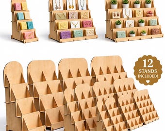 12 Retail Display Stand SVG Bundle: Craft Fair Vendor Booth Card Soap Keychain Shelf Files, Laser Cut Glowforge xTool (Digital Download)