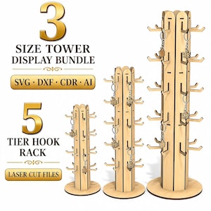 Può includere: Un set di 3 torri espositive con rastrelliere a 5 livelli in legno chiaro. Il pacchetto include file per taglio laser in formato SVG, DXF, CDR e AI. Le dimensioni sono 3mm per 41,5 cm per il piccolo, 4mm per 55,4 cm per il medio e 6mm per 83,1 cm per il grande.
