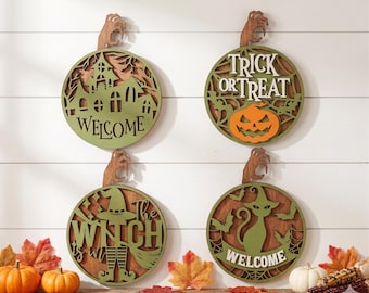 Halloween Door Sign SVG Layered Wood Art Wood Door Hanger Multi Layered SVG Halloween Bundle Laser Cut Files DXF