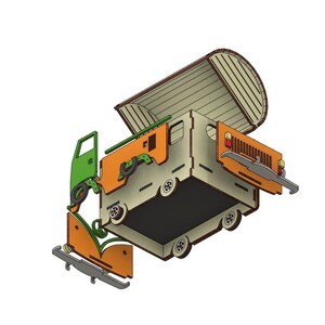 Op de afbeelding: Een houten modelbouwpakket van een vintage camper met een opklapbaar dak. De kit is niet gemonteerd en bevat alle onderdelen die nodig zijn om de camper te bouwen. De camper is oranje, groen en beige geverfd.