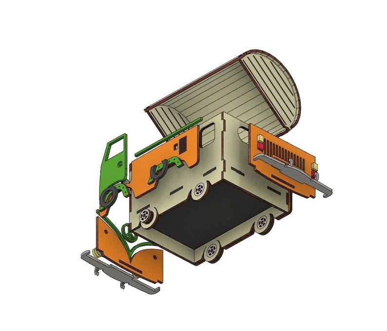 Op de afbeelding: Een houten modelbouwpakket van een vintage camper met een opklapbaar dak. De kit is niet gemonteerd en bevat alle onderdelen die nodig zijn om de camper te bouwen. De camper is oranje, groen en beige geverfd.