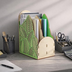 Leaf Pattern Vertical File Organizer | Laser Cut Wood Document Holder (SVG, DXF)