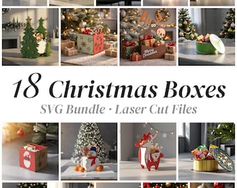 Christmas Box SVG Bundle, 18 Treat Box Laser Cut Files, Santa Reindeer Snowman Candy Holders Glowforge xTool Projects, Digital Download