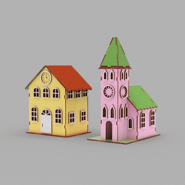 Church Model Decorative Wooden 3D Toy Plan 3,4 mm SVG CDR DXF Ai Files Building Modelling Gothic Church laser cut file wooden constructor
