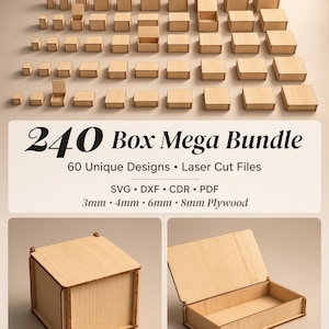 Paquete Mega de 240 Cajas SVG, Archivos de Corte Láser, Juego de Cajas de Regalo con Tapa Abatible, Contrachapado de 3 mm, 4 mm, 6 mm y 8 mm, Glowforge xTool DXF