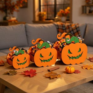 Pode incluir: Três recipientes laranja em forma de abóbora com caules verdes e rostos de jack-o'-lantern esculpidos. Cheios de doces, estão numa mesa de madeira com folhas de outono e uma abóbora pequena.