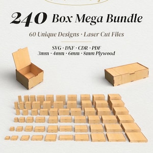 240 Box SVG Bundle, Laser Cut Files, Multi Size Gift Box Set, 3mm 4mm 6mm 8mm Plywood, Glowforge xTool DXF