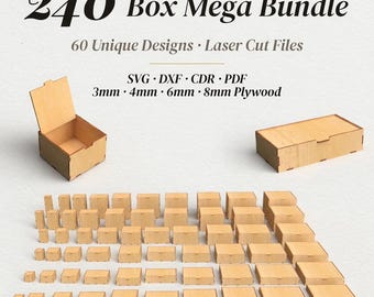 240 Box SVG Bundle, Laser Cut Files, Multi Size Gift Box Set, 3mm 4mm 6mm 8mm Plywood, Glowforge xTool DXF