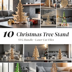 May include: A collection of 10 laser-cut Christmas tree stands featuring various intricate wooden and green designs. These decorative tabletop structures are displayed in a bundle, showcasing multiple styles of cut-out patterns and shapes.