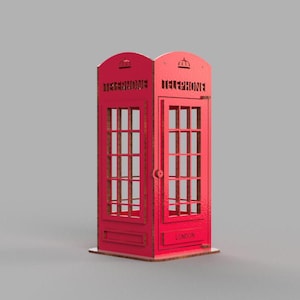 Modelo de cabine telefônica britânica de madeira, caixa telefônica vermelha clássica, faça você mesmo, modelo a laser SVG para corte a laser. Arquivos cortados a laser de 3, 4, 6, 8, 10 mm.