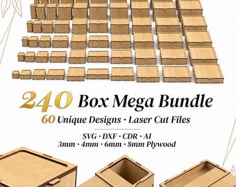 240 Box Mega Bundle SVG, Laser Cut Files, Sliding Lid Box Set, 3mm 4mm 6mm 8mm Plywood, Glowforge xTool DXF