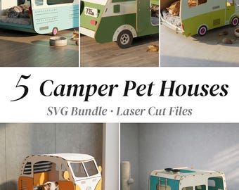 Ensemble de fichiers SVG pour maison pour chat, 5 fichiers de découpe laser pour lit d'animal de compagnie de camping-car, lit pour chat de caravane, niche pour chien Glowforge xTool Projects, meubles pour animaux de compagnie en contreplaqué (fichier DXF)