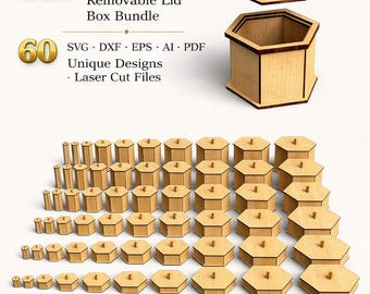 Gift Box SVG Template, Hexagon Keepsake Box Bundle, 60 Designs, 240 Sizes, Wedding Favor Trinket Box | Glowforge xTool Laser Cut Files DXF