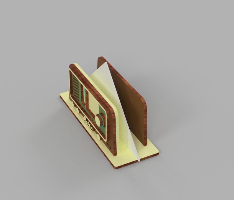 May include: A wooden napkin holder shaped like a vintage radio with a yellow and brown color scheme. The radio has a dial with the word "Retro" on it.