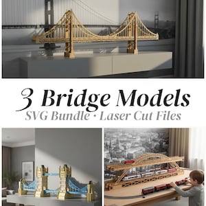 Pakiet modeli mostów w formacie SVG, 3 pliki wycinane laserowo z drewnianym mostem, projekty Glowforge xTool dla kolei Golden Gate Tower Railway, pobieranie cyfrowe