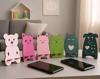 Animal Phone Stand Laser Cut File, Cat Bear Dog SVG, Kids Desk Accessories Digital Download