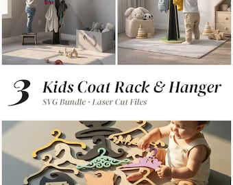 Lot de 3 fichiers SVG pour porte-manteaux et cintres pour enfants, porte-manteau en forme d'arbre, fichiers de découpe laser pour bois, compatible avec Glowforge xTool.