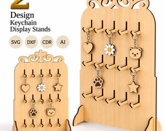 2 Design Keychain Display Stand SVG Bundle, Small Large, 3mm 4mm 6mm, Earring Necklace Jewelry Ornament Hook Rack Laser Cut Glowforge xTool