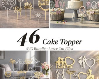 46 Cake Topper SVG Bundle, Wedding Birthday Love Acrylic Laser Cut Files (Dxf, Pdf, Svg)
