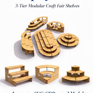 Puede incluir: Tres expositores de madera de color marrón claro con estantes modulares de 3 niveles para ferias de artesanía. El texto dice 3 Display Stands, 3-Tier Modular Craft Fair Shelves, 4mm Thickness, SVG CDR DXF AI PDF y 3 Modular Designs. Unidades.