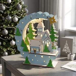 Lasergesneden kerstdorp Svg: kerststal lantaarn Svg-scène (digitale download, materiaaldikte 3-10 mm)