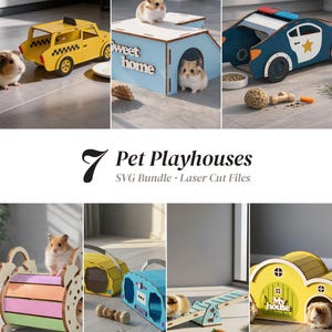 Può includere: Una collezione di sette casette da gioco per animali tagliate al laser con design come un taxi giallo, un'auto della polizia blu, una casa con l'etichetta Sweet home, un tunnel color pastello, un boombox, un'altalena e una casa gialla con l'etichetta My house.
