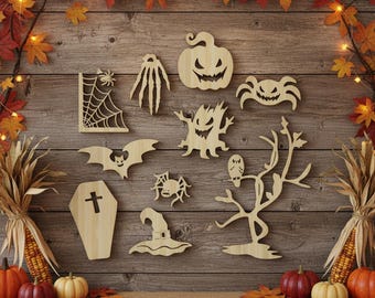 Halloween Laser Cut Files Bundle: Pumpkin, Bat, Coffin Wall Decor (SVG, DXF)