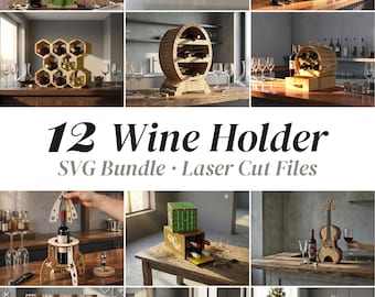 Ensemble de fichiers SVG pour porte-bouteilles, 12 porte-bouteilles, décoration de bar, fichiers de découpe laser, boîte à vin Glowforge xTool DXF, téléchargement numérique