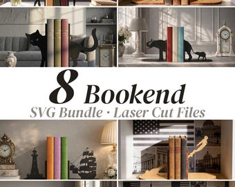 8 Bookend SVG Bundle, Unique Wooden Book Holder Set, Laser Cut Bookends for Glowforge & xTool, Fantasy Animal Designs