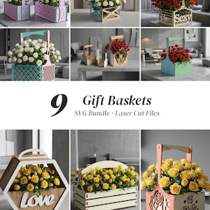 Blomkorg SVG-paket, 9 presentkorgar i trä och kruka, laserskurna filer för rosskörd, Glowforge xTool DXF