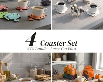 Animal Coaster Bundle SVG, Cat Sheep Pumpkin Pallet Coaster Set, Laser Cut Files (Svg, Dxf, Ai)