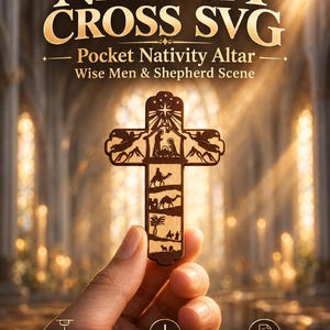 May include: A laser-cut wooden cross featuring a layered Nativity scene with the Holy Family, Three Wise Men, and shepherds. The text reads: FAMILY STUDIOOK, NATIVITY CROSS SVG, Pocket Nativity Altar, Wise Men & Shepherd Scene, GLOWFORGE & XTOOL READY, INSTANT DIGITAL DOWNLOAD, COMMERCIAL LICENSE INCLUDED.