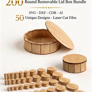 Puede incluir: Una colección digital titulada MEGA BUNDLE 200 Round Removable Lid Box Bundle, que incluye 50 archivos de corte láser únicos en formatos SVG, DXF, CDR y AI. La imagen muestra varias cajas redondas de madera clara con tapas de diferentes tamaños.