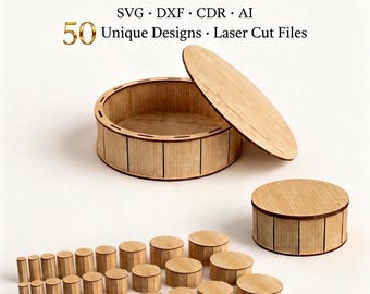 200 Sizes 50 Designs Round Removable Lid Box SVG Bundle, Laser Cut Round Box Template, Gift Box Svg Files, Glowforge Xtool Plywood