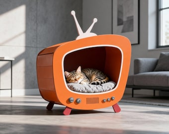 Plano de casita para gatos con diseño de televisión: Cama para gatos de madera contrachapada para construir uno mismo (descarga digital)