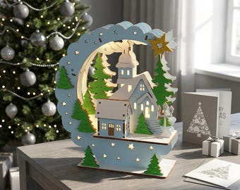 Projetos de artesanato em madeira para luminária de Natal, casa de Natal, vila natalina, SVG, lanterna cortada a laser, modelo de igreja, DXF, padrão de treliça de inverno.