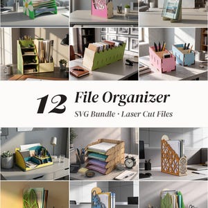 Puede incluir: Una colección de doce organizadores de archivos cortados con láser en varios diseños, colores y configuraciones, incluyendo soportes verticales, bandejas escalonadas y organizadores de escritorio con el texto 12 File Organizer SVG Bundle.