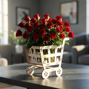 Può includere: Un vaso a forma di carrello della spesa in legno pieno di rose rosse vibranti. Il carrello ha un design decorativo traforato e ruote girevoli. La composizione è posizionata su una superficie scura, creando un contrasto con il legno chiaro e i fiori luminosi.