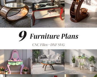 Lot de 9 plans de tables au format SVG : tables basses, d'appoint, consoles et coiffeuses, fichiers de découpe laser pour tables de bar, compatible Glowforge xTool DXF